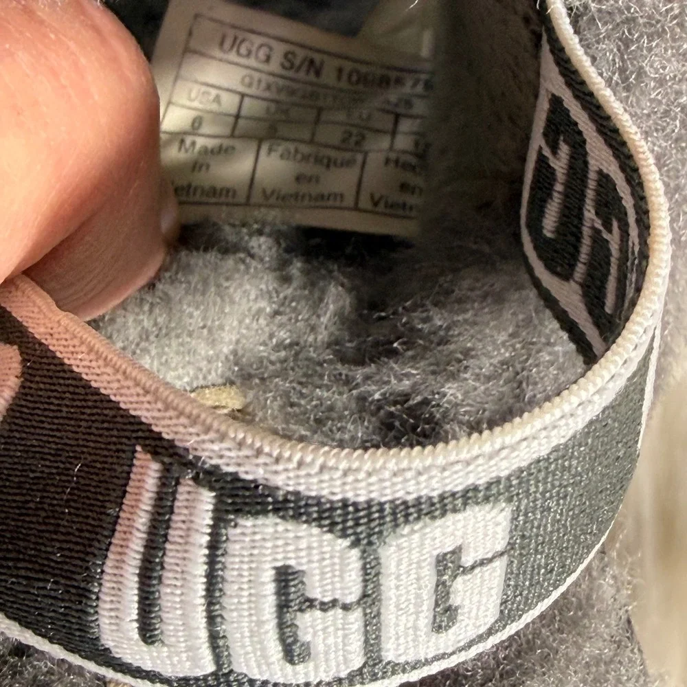 UGG Fluff Yeah Charcoal‎ Gray Sheepskin Slide Sandals Kids Size 6 S/N 1098575T